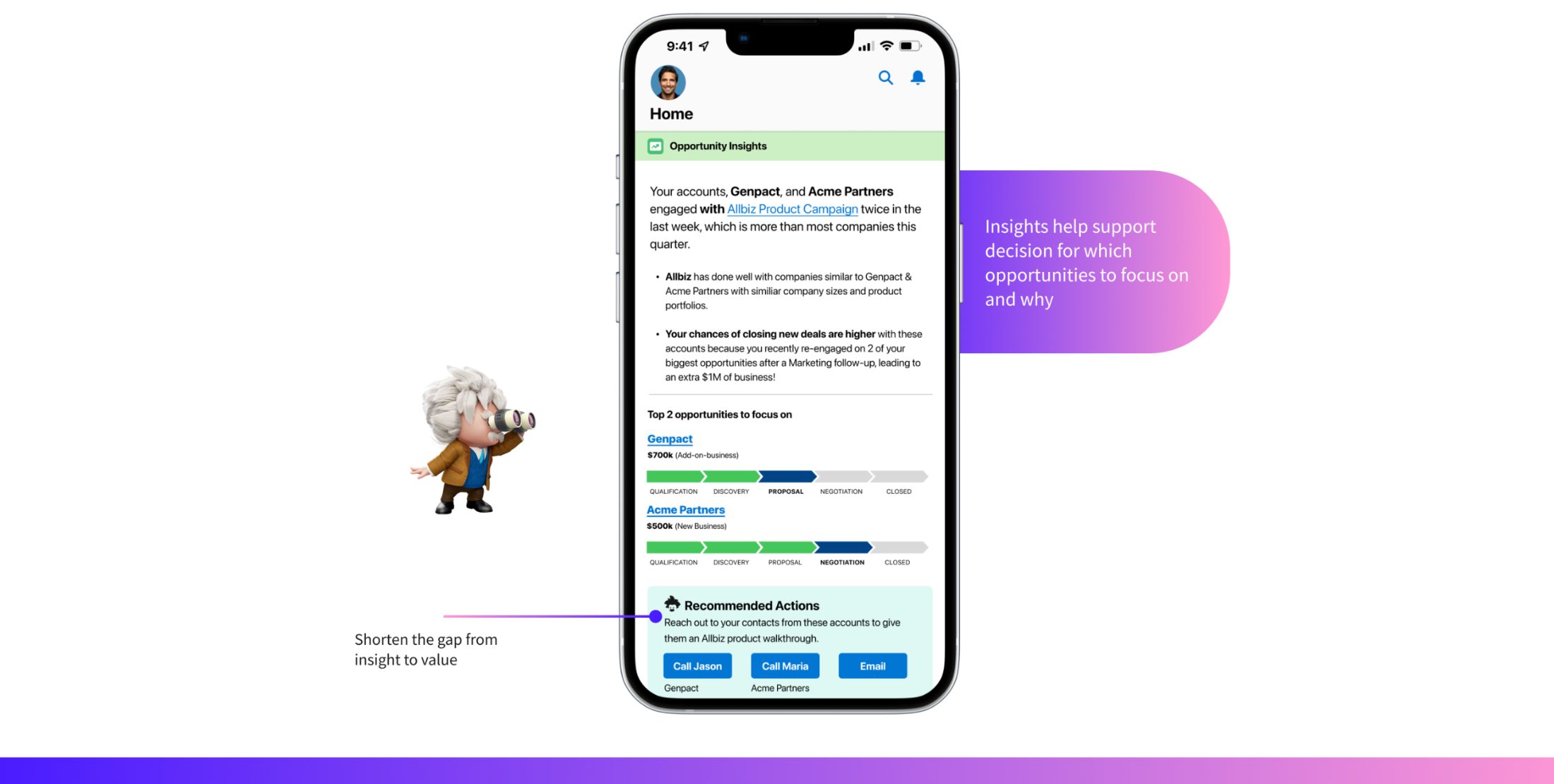North-star concept: an Opportunity Insights mobile home screen recommending the top two opportunities to focus on, why they matter, and recommended actions with Call and Email buttons.