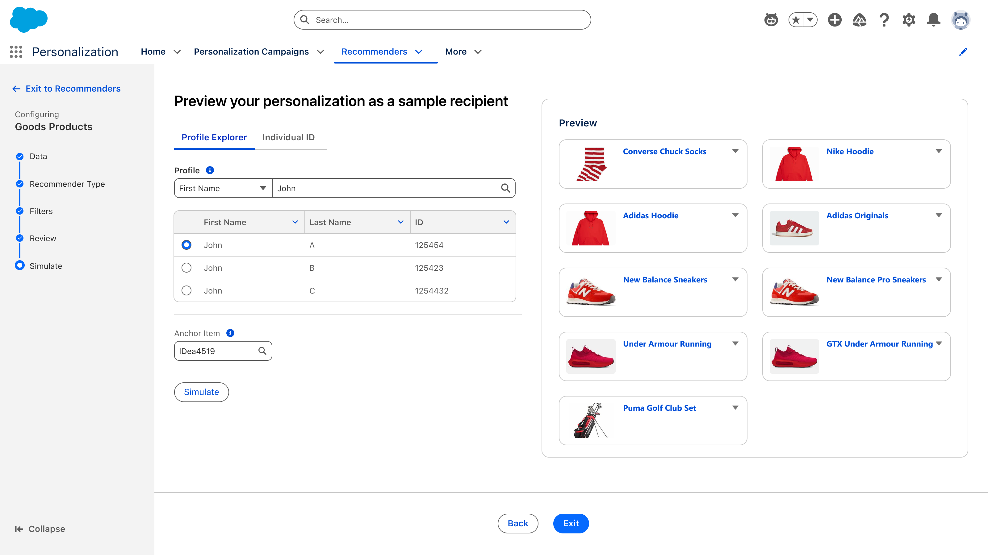 Simulate step — profile explorer on the left, live recommendation preview on the right