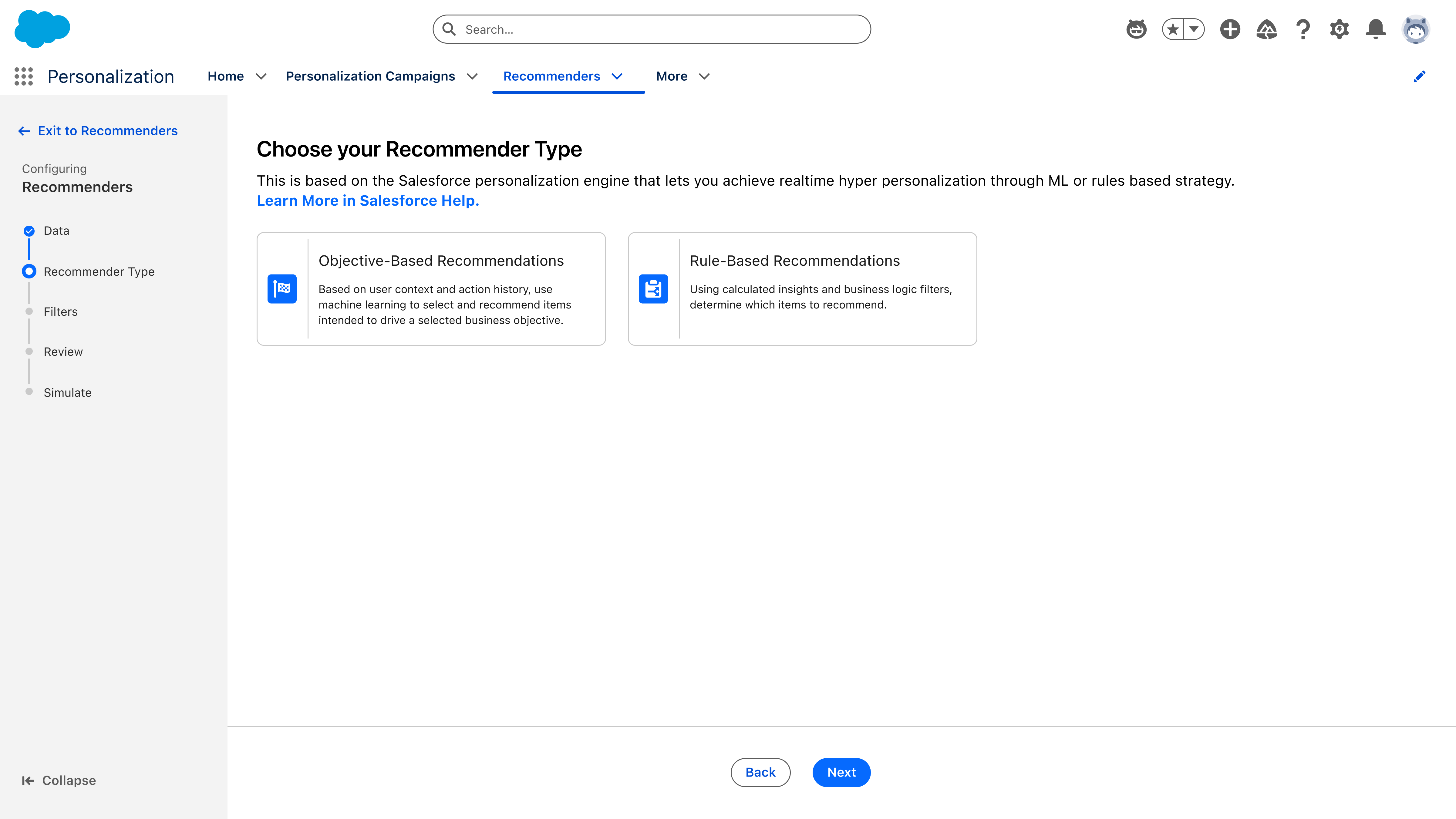 Recommender Type step showing two cards — Objective-Based and Rule-Based