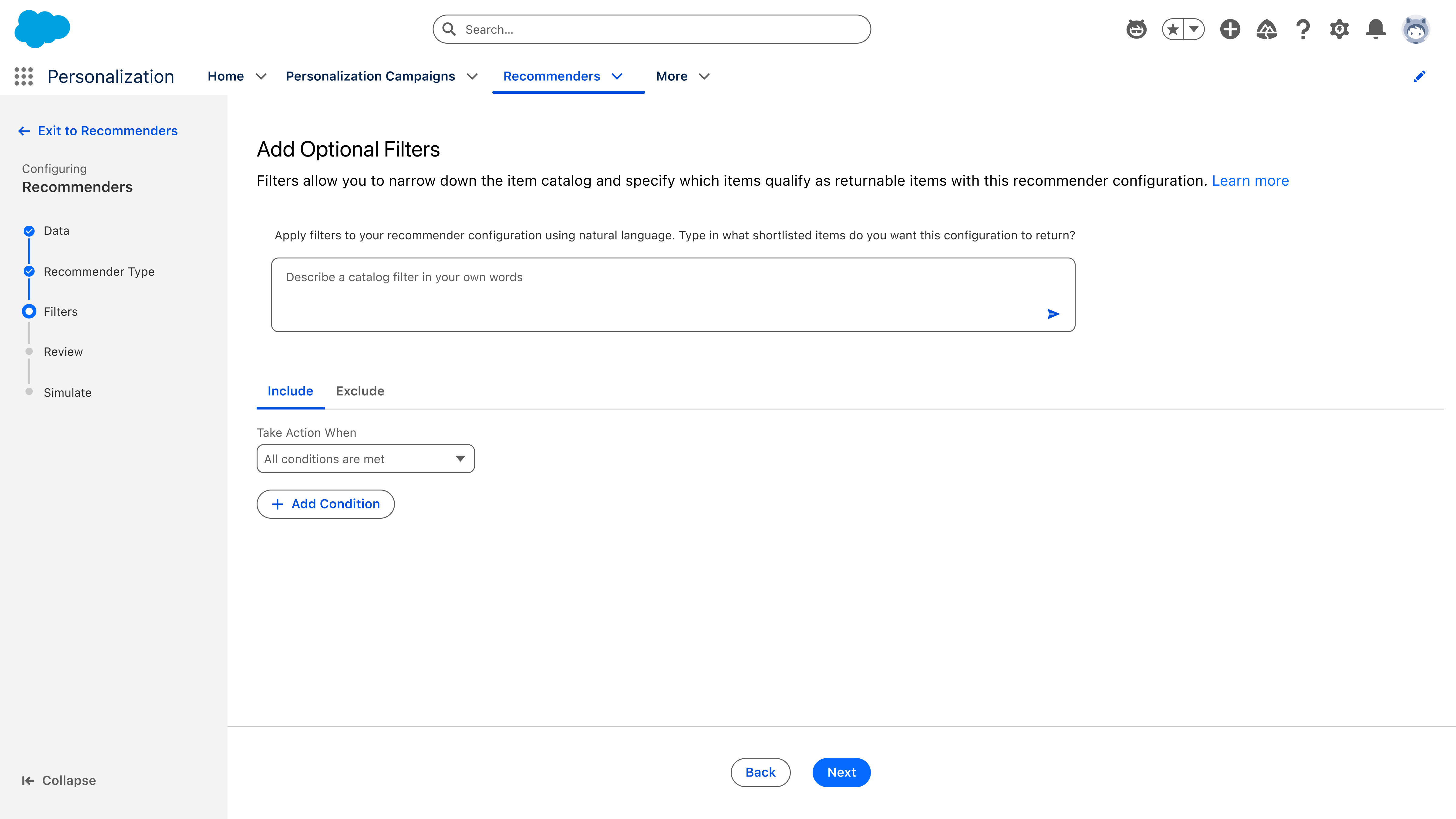 Filters step with a natural-language input above the manual Include/Exclude builder