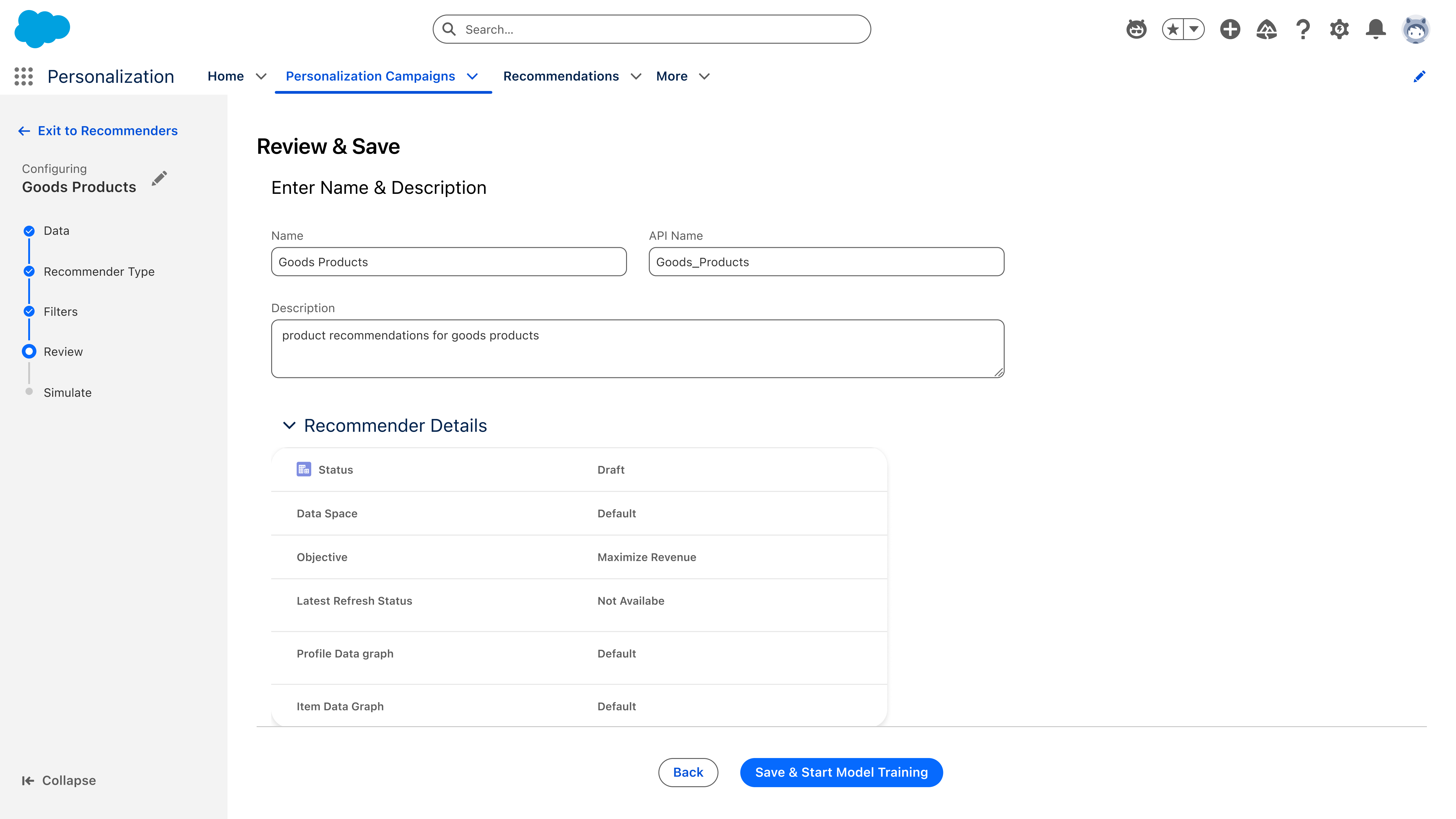 Review & Save step with name, description, and a recommender details table