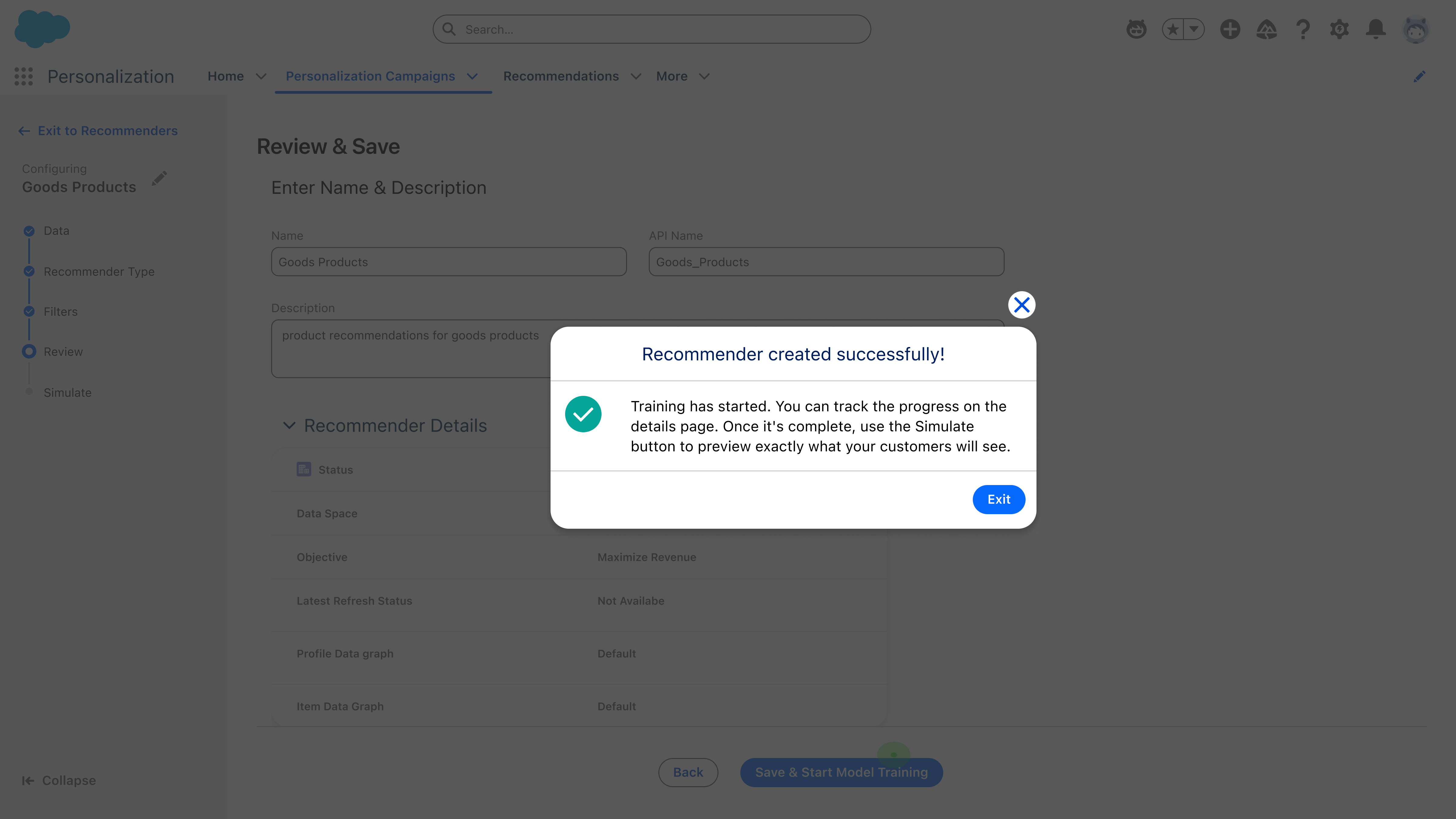 Success dialog confirming the recommender was created and training has started